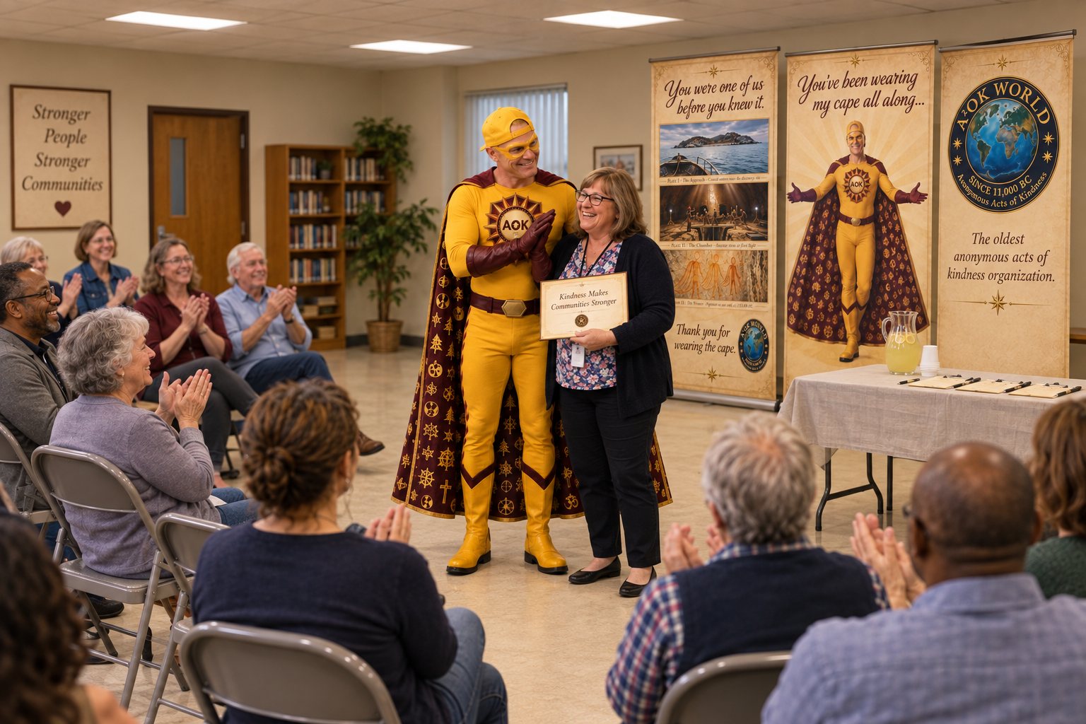 AOK Man presents a certificate in front of three AOK World banners while the room applauds