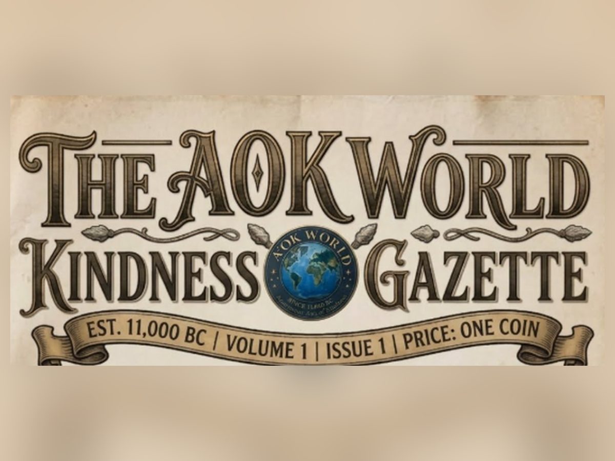 The masthead of The AOK World Kindness Gazette, Est. 11,000 BC