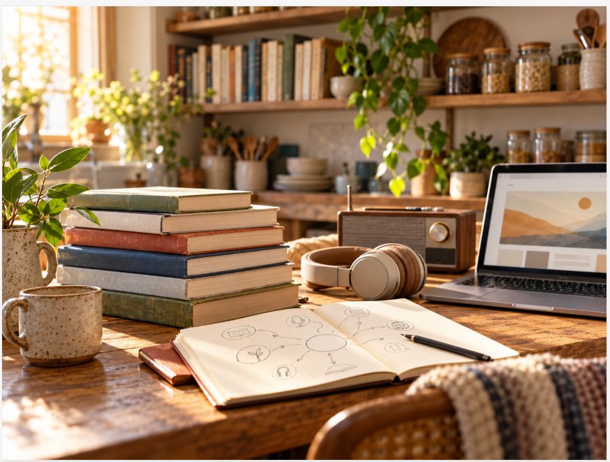 A sunny reading desk with a stack of books, headphones for podcasts and a laptop