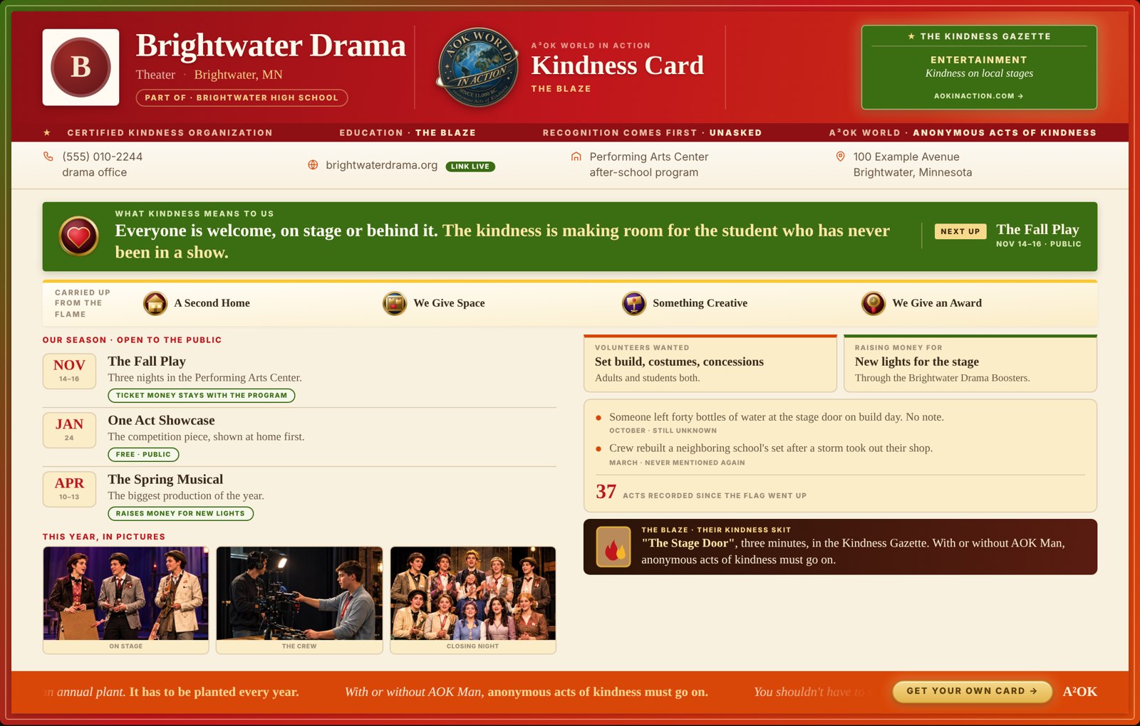 Example Kindness Card for Brightwater Drama, a fictional high school program: its season, photos, volunteers and kindness skit