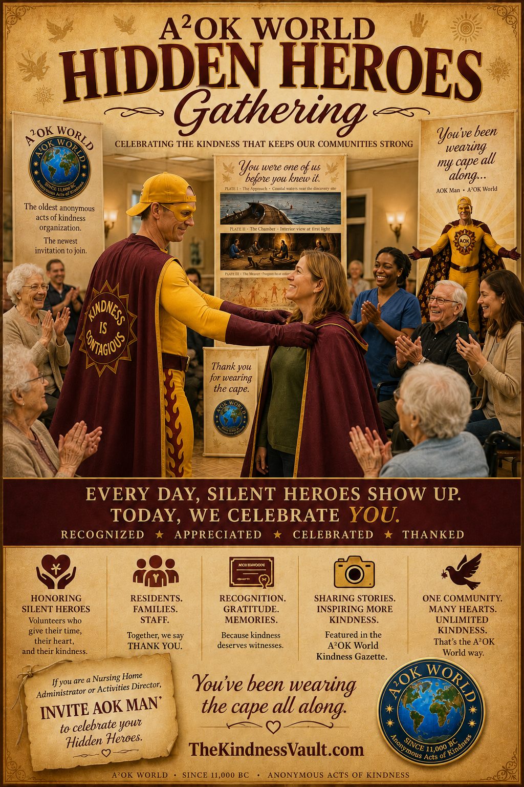 Poster: AOK World Hidden Heroes Gathering, celebrating the kindness that keeps our communities strong. Every day, silent heroes show up. Today, we celebrate you.