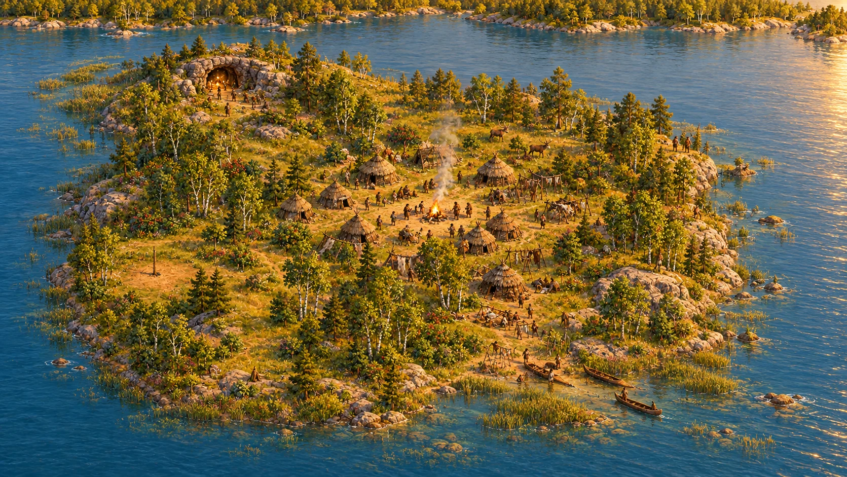 The same island eleven thousand years ago: huts, a cave, and one fire