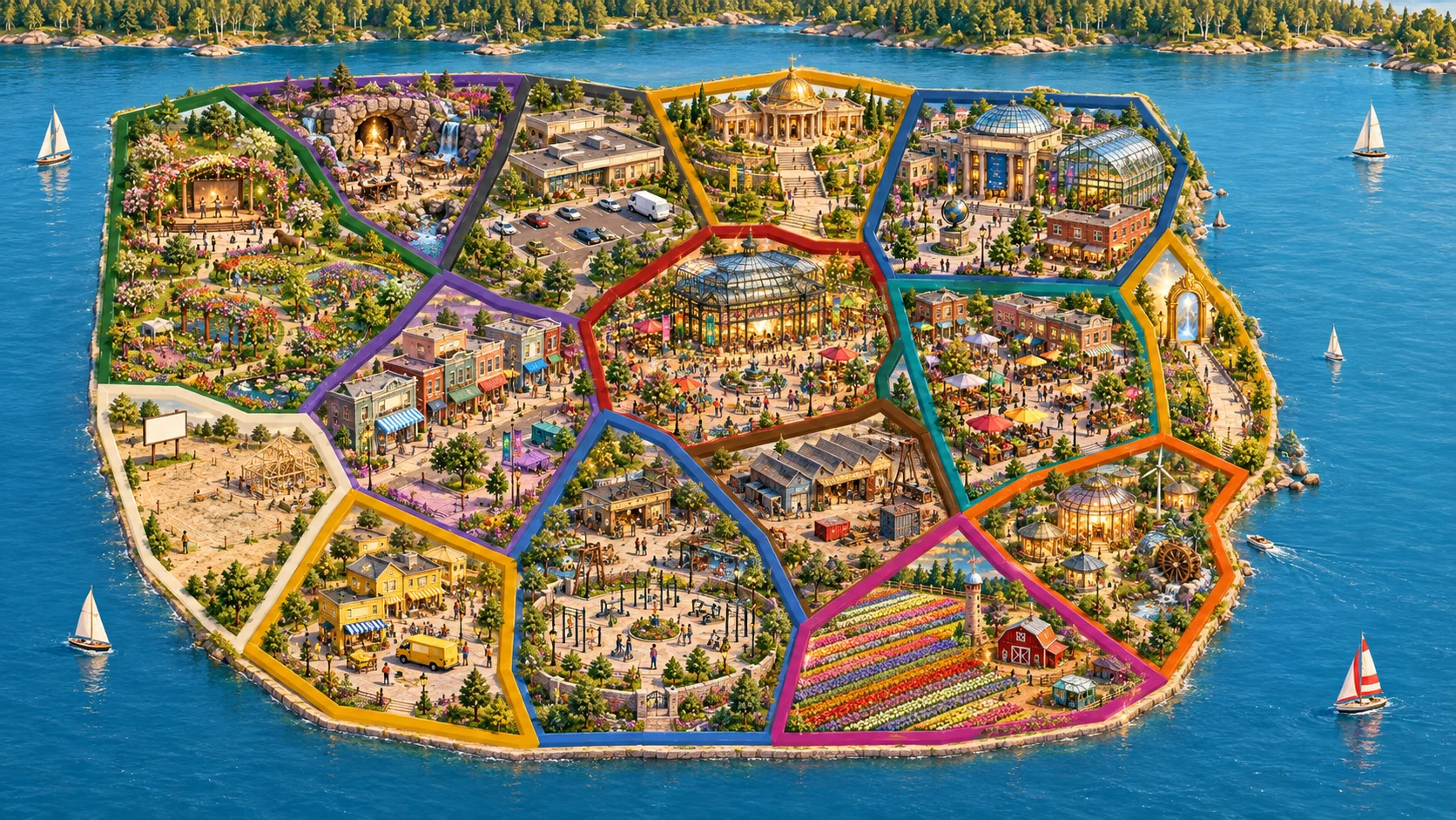 Illustrated bird's-eye map of the AOK World island with fifteen districts ringed by coloured roads